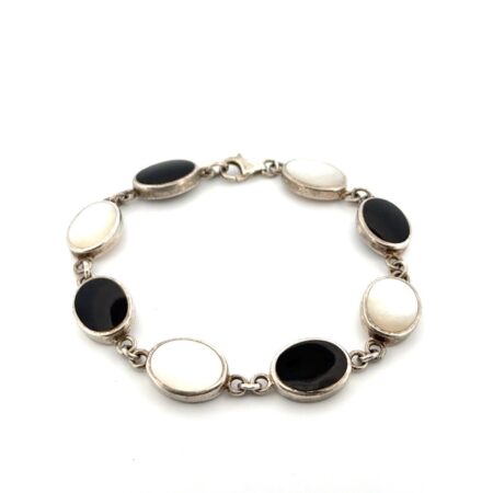 7.75” Onyx & Mother of Pearl 925 Sterling Silver Oval Link Bracelet 18.3g