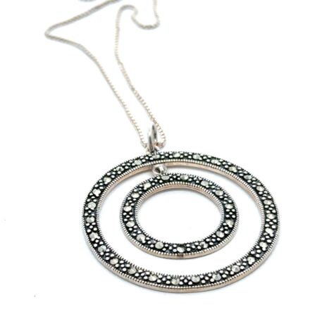 18” .925 Sterling Silver Marcasite Double Circle Necklace, 7.2g