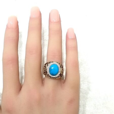 Sterling Silver Gold Vermeil Turquoise, CZ Filigree Ring 5.4 Grams Size-6