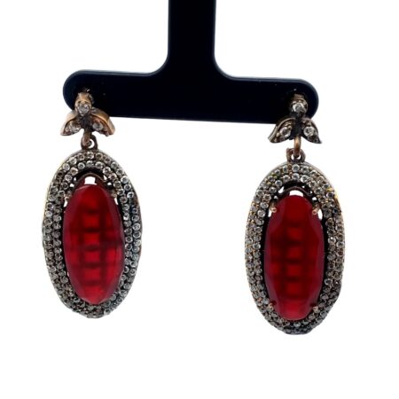 Victorian Sterling Silver & Copper Ruby Glass & White Crystal Earrings 16.4 Gram