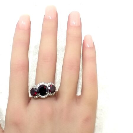 Victorian Style 3 Stone, Size 10, Garnet Color CZ Trilogy Ring - 6.6g