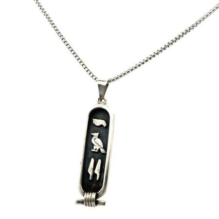 20” Vintage 925 Sterling Egyptian Hieroglyph Cartouche Pendant Necklace, 12.4g