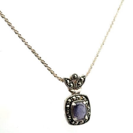 24” x 1.75mm .925 Sterling Silver Iolite & Marcasite Pendant Necklace 8.6g