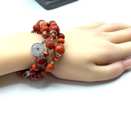 Sterling Silver, Red Coral and Red Jade Wrap Bracelet