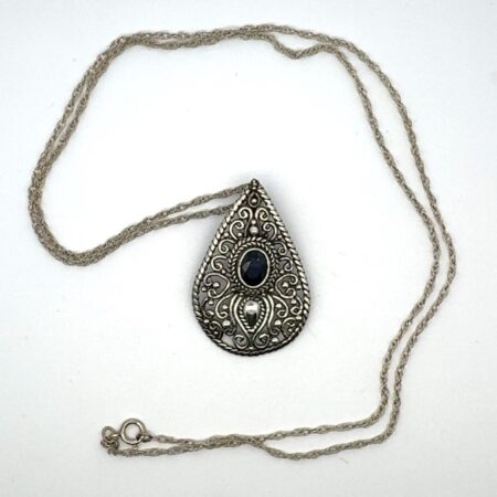 .925 Sterling Silver Teardrop Filigree Oval Sapphire Pendant w/ 24" Chain - 7.8g