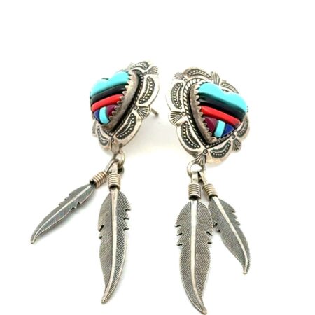 925 Sterling Silver Turquoise, Onyx, Coral, + Lapis Feather Dangle Earrings 7.2g