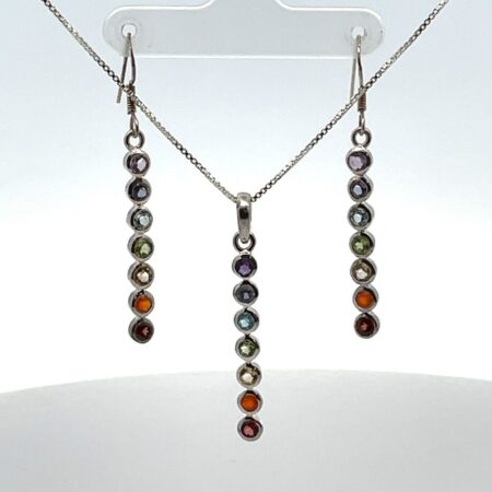 Sterling 18” Box Chain & Multi Color Stone Drop Pendant w/Matching Earrings