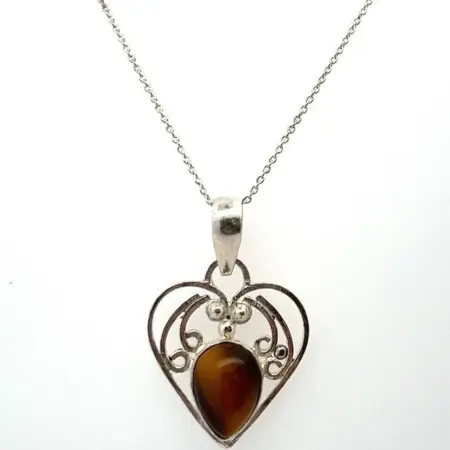 18” Vintage 925 Sterling Silver Necklace & Tiger’s Eye Heart Pendant 7.1g