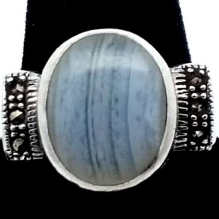 Vintage Sterling Silver Blue Lace Agate With Marcasites Ring 9.3 Grams Size-8