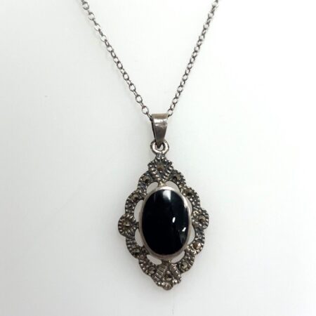 Black Onyx & Marcasite Oval Pendant 925 Sterling Silver 18” Chain Necklace 3.3g