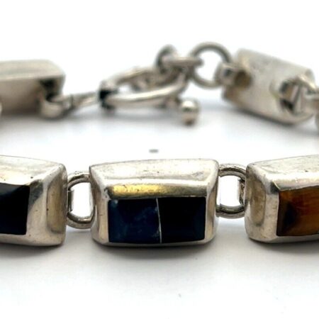Sterling Silver 7” Bracelet w/ Onyx, Coral, Malachite, Lapis & Tiger Eye 37.7 Gr