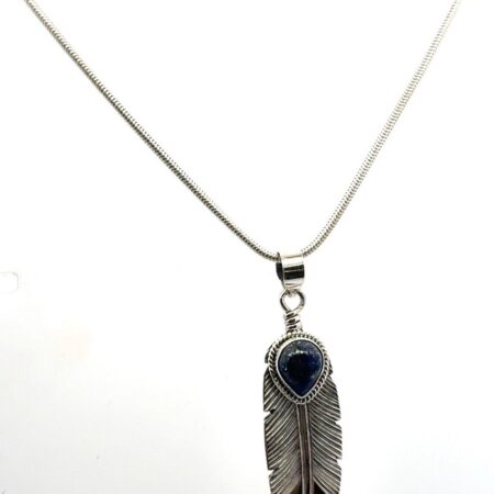 18” x 1.65mm Lapis Lazuli .925 Sterling Silver Feather Pendant Necklace 9.7g