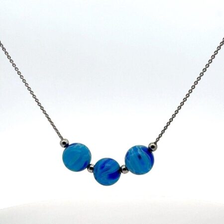 .925 Sterling Silver, 3 Glass Blue and Sterling Beads on Chord Chain - 5.4g