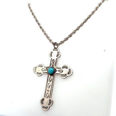 29.5” Bell Sterling Silver Turquoise Cross Pendant Rope Chain Necklace 26.1g