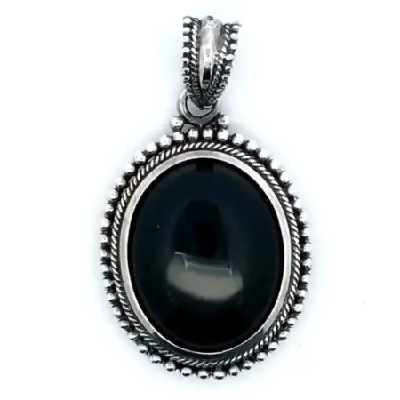 925 Sterling Silver Large Oval-shaped Black Onyx Pendant 12.3 Grams