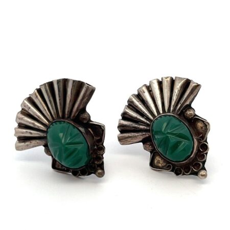 Antique Mexico 925 Sterling Silver Green Onyx Tribal Screwback Earrings 10.4g