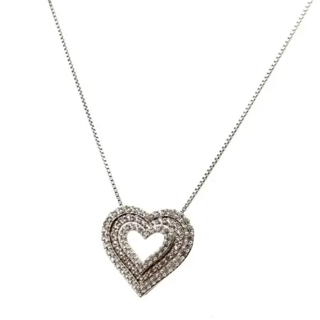 18” 925 Sterling Silver Box Chain Necklace w/ White Sapphire Heart Pendant 4.1g