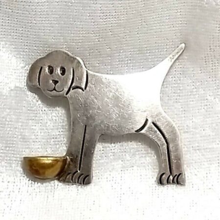 Vintage Sterling Silver Dog With Brass Bowl Brooch/Pin Mexico 13.2 Grams