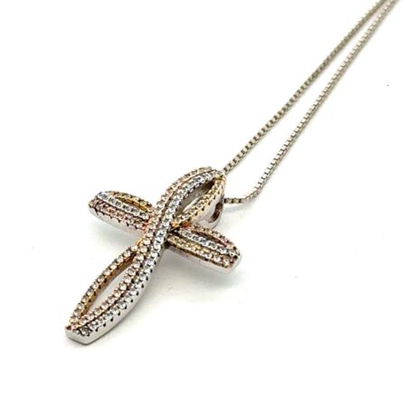 16” .925 Sterling Silver, 2 Tone CZ Looping Cross Pendant Necklace, 5.4g