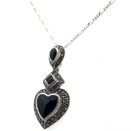 18” 925 Sterling Silver Black Onyx & Marcasite Heart Pendant Necklace 9.7g