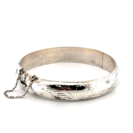 7.5” 925 Sterling Silver Etched Design Hinged Bangle Bracelet 14.7g