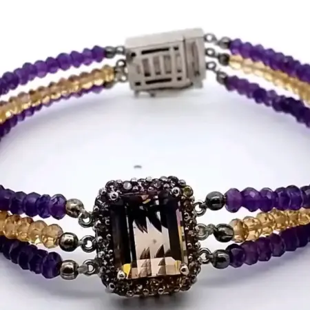 Emerald Cut Bi-Color Amatrine Center Stone w/Amethyst&Citrine Bead 8.5" Bracelet