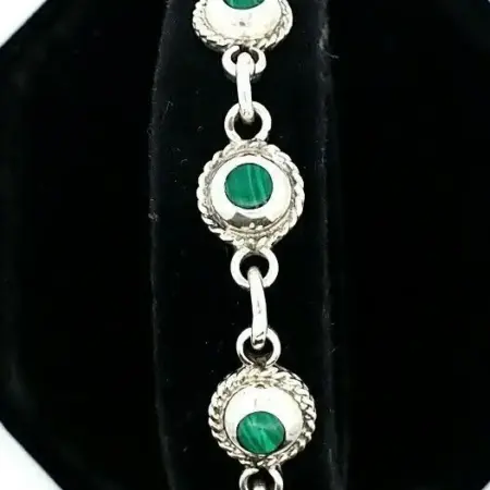 Mexican 925 Sterling Silver And Malachite 7.5 Inch Chain Bracelet 21.4 Grams