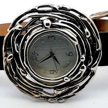 Hagit Black Leather Wrist Pendant Nest Watch 6-1/4"-8" Sterling Silver