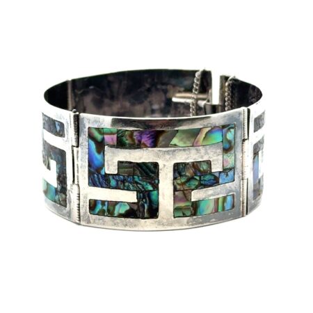 Taxco 6.5” x 1” 925 Sterling Silver Abalone Panel Inlay Bracelet Mexico, 39.9g