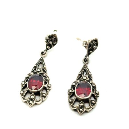 .925 Sterling Silver Garnet Dangle Earrings, 5.3g