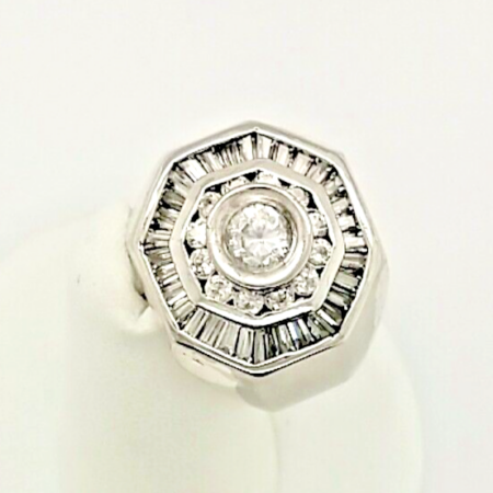 925 Sterling Silver Octagonal Iced White Round and Baguette CZ Ring, Size 10