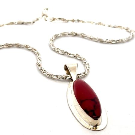 Vintage 18” Red Jasper 925 Sterling Silver Pendant Marked MWS, Mexico, 30.4g