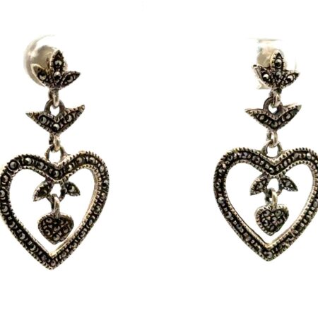 925 Sterling Silver Marcasite Heart Dangle Earrings, 5.7g