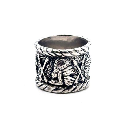 Native American R. Collins Indian Head Wide Cigar Band Ring, Size-7.5, 14.6g
