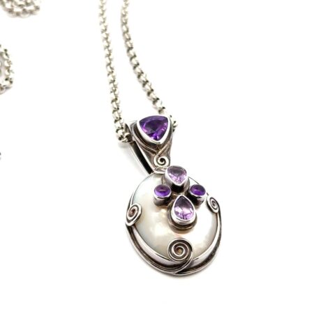 Vintage 30” Sajen 925 Sterling Silver Abalone & Amethyst Pendant Necklace, 44.1g