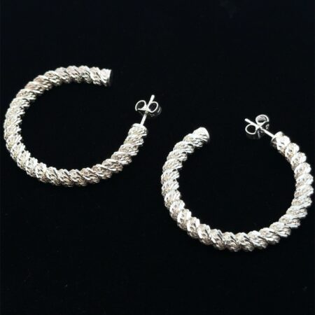 .925 Sterling Silver 34.5mm Hoop Rope Spiral Textured Earrings, 10.6g