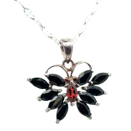 20” 925 Sterling Silver Garnet & Black Onyx Butterfly Pendant Necklace, 4.1g