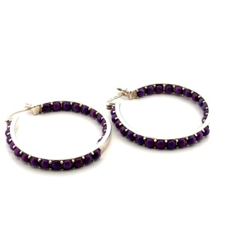 925 Sterling Silver Purple Turquoise Hoop Earrings 9.8g