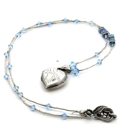 22” 925 Sterling Silver Crystal Beaded Heart Locket Pendant Necklace, 10.9g