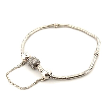 7.5” Pandora 925 Sterling Silver Snake Chain Bracelet w/ Safety Chain Charm 20g