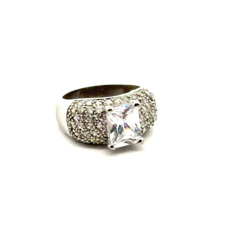 Size-7 PJM China 925 Sterling Silver Pavé & Emerald Cut CZ Ring, 6.3g