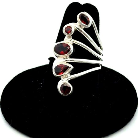 Size-7 .925 Sterling Silver Garnet Fan Ring, 9.0g