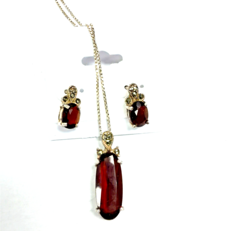 Vintage 925 Sterling Silver Garnet Pendant 18" With Matching Earring Set, 6.7 gr