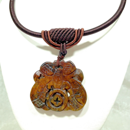 Antique Chinese Brown Jade Ruyi Pendant Coin Butterfly Qing Silk Necklace, 32 gr