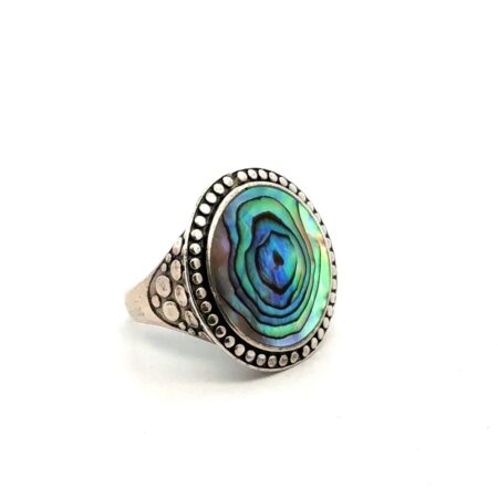 925 Sterling Silver Round Abalone Shell & Silver Dot Ring, Size-9, 8.7g