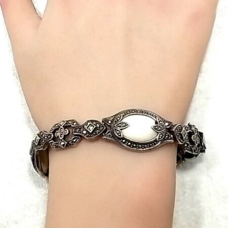 J.J Vintage 925 Sterling Silver Mother of Pearl & Marcasite 7.5" Bracelet 32.5 G