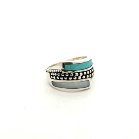 CFJ 925 Sterling Silver Bypass Turquoise Mother Of Pearl Ring Size 7.5 Thai 5.6g