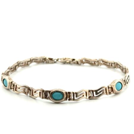 7.75” Vintage Greek Key 925 Sterling Silver Meander Design Turquoise Bracelet