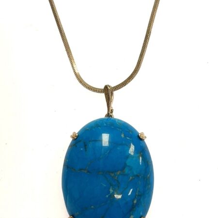 Sterling Silver 19” Box Chain w/ Large Oval Sterling Turquoise Pendant Necklace
