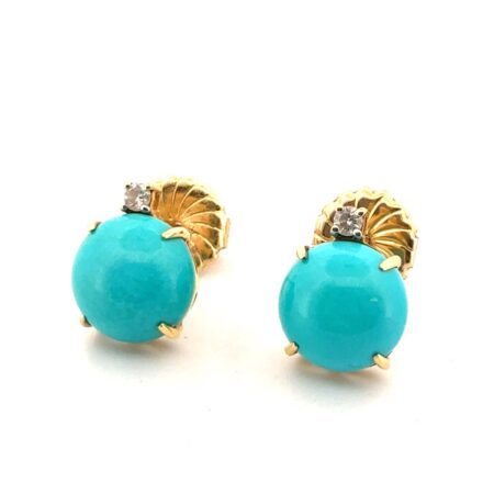 18k Yellow Gold Round Sleeping Beauty Turquoise & Diamond Stud Earrings 3.79g